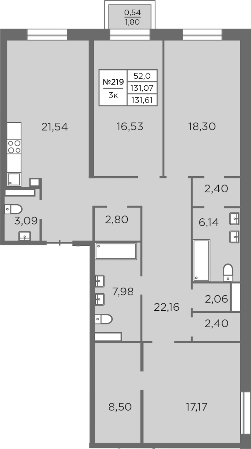 3-комнатная квартира 131.61 м², 6/8 эт., ЖК «Северная Корона»